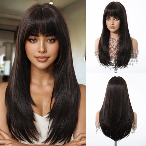 EASIHAIR Women Synthetic Wigs - Long Brown Ombre Blonde Layered Wigs with Curtain Bangs for Daily Use