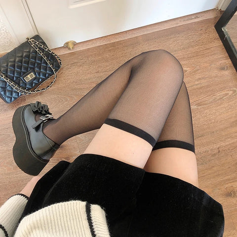 Black and White Overknee Long Socks for Women with Bowknot - Thigh High Fishnet Stockings