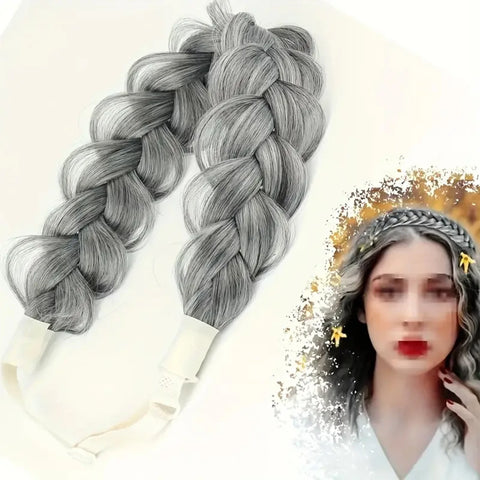 Synthetic 16-Inch Black Braided Headband with Elastic Band for Women