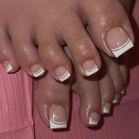 24 Pcs French Design Fake Toe Nail Press on Summer Nails