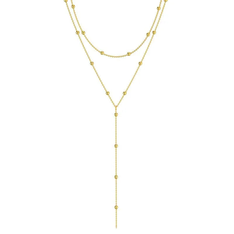 Fashion Gold Color Double Layered Long Chain Drop Necklace for Women - Simple Metal Geometric Bead Tassel Choker Jewelry