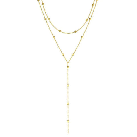 Fashion Gold Color Double Layered Long Chain Drop Necklace for Women - Simple Metal Geometric Bead Tassel Choker Jewelry