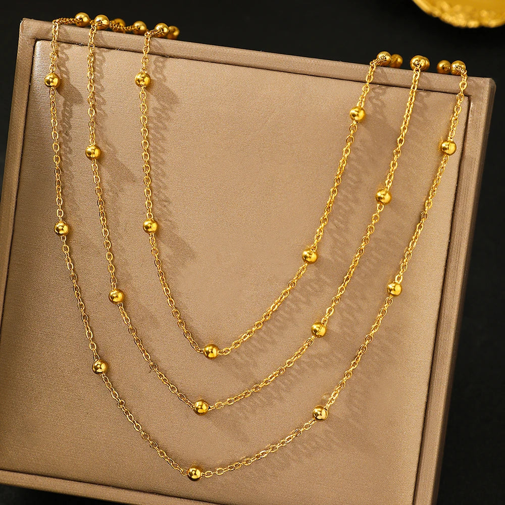 Stainless Steel Multi-Layered Bead Necklace for Women – Elegant Party Jewelry