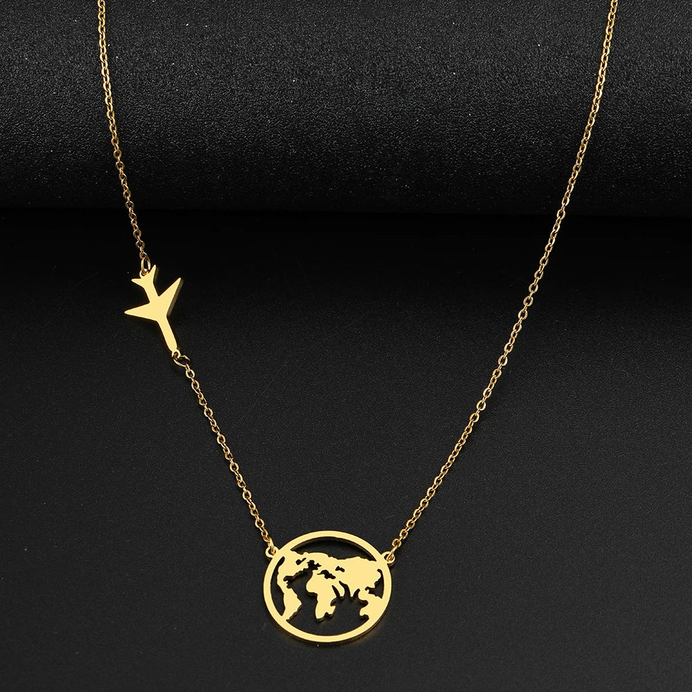 Stainless Steel Airplane Globe Map Necklace - Travel Themed Choker Pendant for Men & Women