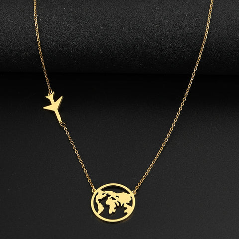 Stainless Steel Airplane Globe Map Necklace - Travel Themed Choker Pendant for Men & Women
