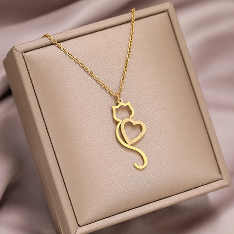 Trendy Heart Cat Pendant Stainless Steel Necklace - Cute Choker for Women