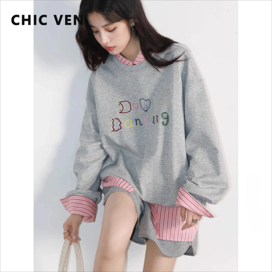 CHIC VEN Women Sweatshirts Long Sleeve O Neck Loose Casual New Embroidered Letter Female Pullover Top Spring Autumn 2025