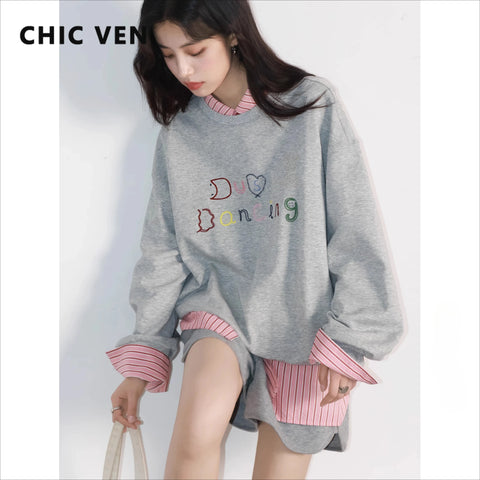 CHIC VEN Dames Sweatshirts Lange Mouw O Hals Los Casual Nieuw Geborduurd Letter Dames Pullover Top Lente Herfst 2025 