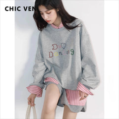 CHIC VEN Women Sweatshirts Long Sleeve O Neck Loose Casual New Embroidered Letter Female Pullover Top Spring Autumn 2025