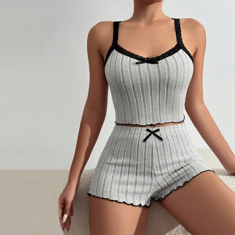 Pajama Suit Suspender Shorts with Sexy Bow Print
