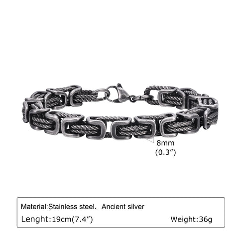 Men's Chunky Byzantine Bracelet - Retro Grey 8mm Stainless Steel Braided Link Wristband