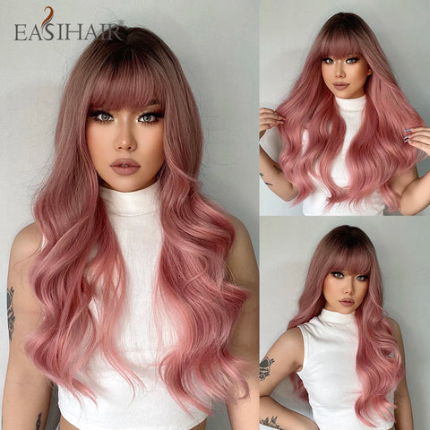 EASIHAIR Long Brown Ombre Synthetic Wigs for Women - Natural Wavy Cosplay Wig