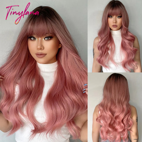 Light Pink Long Wavy Cosplay Synthetic Hair Wig with Bangs - Perfect for Halloween and Daily Wear