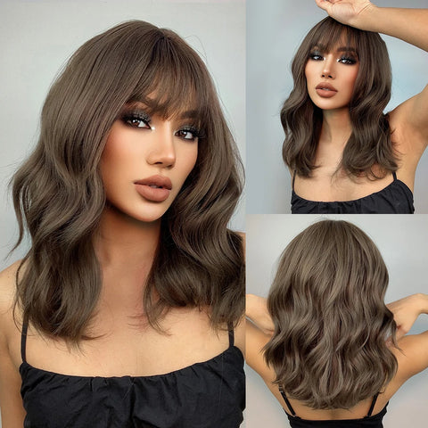 EASIHAIR Dark Brown Wavy Bob Wig with Bangs - Synthetic Heat Resistant Medium Length Wig for Women