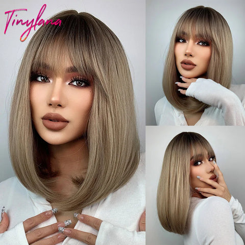 Medium Straight Synthetic Bob Wig Dark Black Brown Short Wigs With Bangs for Women Cosplay Daily Layered Hair Heat Resistant