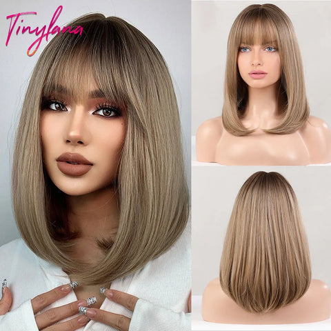 Light Brown Blonde Synthetic Wigs with Bangs - Short Bob for Daily Use, Cosplay, and Halloween | Heat Resistant