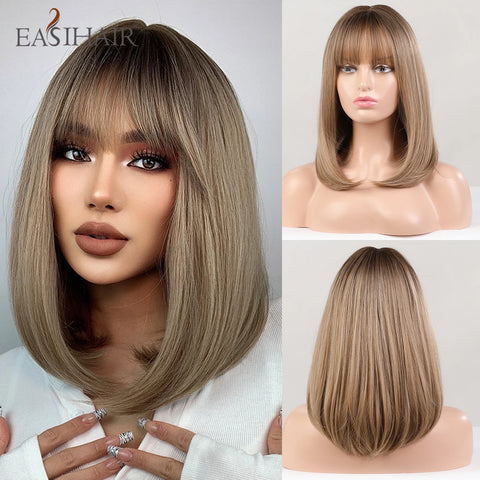 EASIHAIR Ombre Brown Blonde Wigs with Bangs - Layered Heat Resistant Synthetic Wig for Women