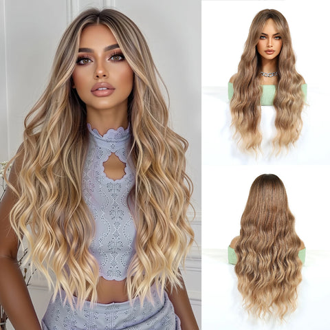 EASIHAIR Long Wavy Brown Synthetic Wigs for Women - Natural Curly Hair with Bangs for Daily Use and Cosplay
