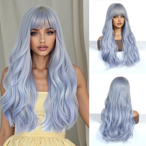 EASIHAIR Long Wavy Brown Synthetic Wigs for Women - Natural Curly Hair with Bangs for Daily Use and Cosplay