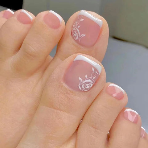 24 Pcs French Design Fake Toe Nail Press on Summer Nails