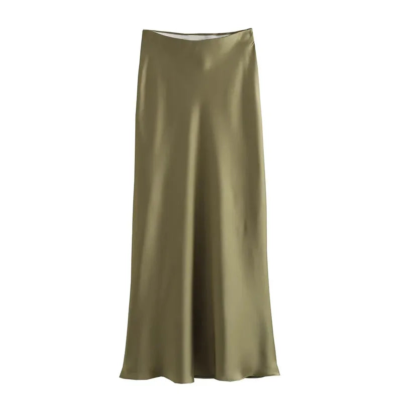 MUJER 2025 Black Satin Skirt - Elegant High Waist Midi Skirt for Women