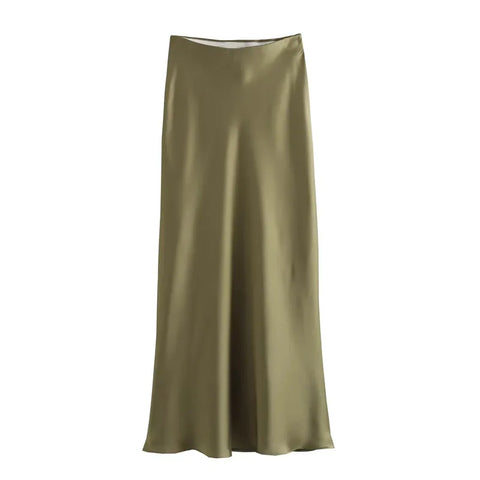 MUJER 2025 Zwarte satijnen rok - Elegante midi-rok met hoge taille voor dames