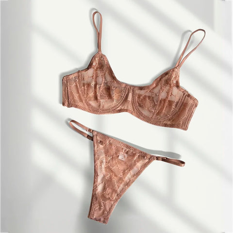Seamless Lace Embroidery Underwear Set for Women - Romantic See-Through Lingerie