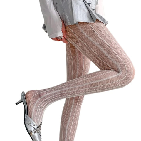 Women’s Lolita Fishnet Thigh High Socks - Japanese Style Heart Striped Lace Patterned Over Knee Long Stockings