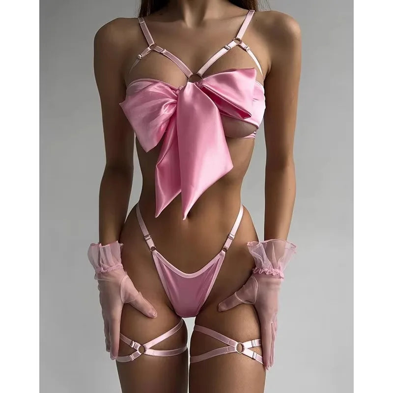 Sensual Bowknot Lingerie Set - Open Bra & Lace Up Satin Outfit