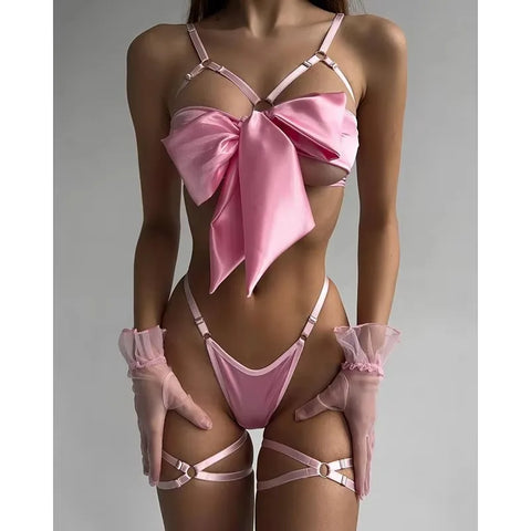 Sensual Bowknot Lingerie Set - Open Bra & Lace Up Satin Outfit