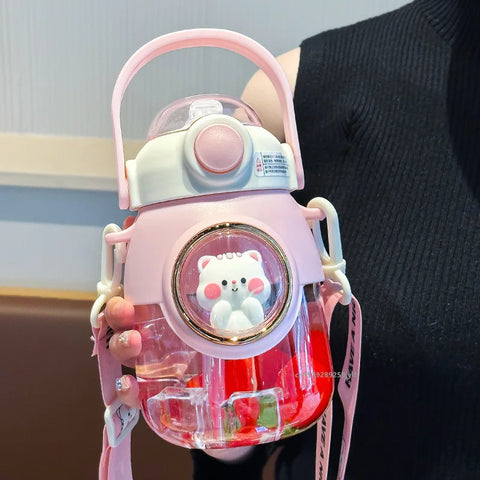 820ml Kids Water Sippy Cup with Cartoon Design and Straw - Portable Drinking Bottle for School