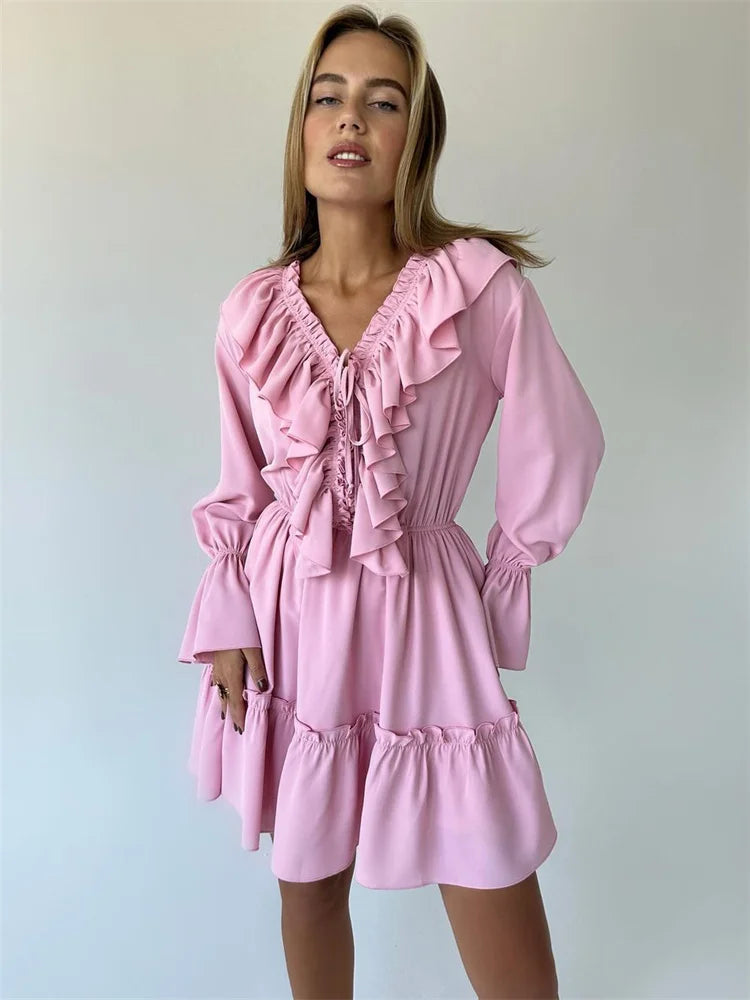 Tossy Ruffled V-hals witte mini-jurk - Elegante lange mouwen veterjurk voor vrouwen