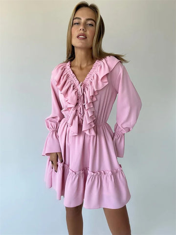 Tossy Ruffled V-hals witte mini-jurk - Elegante lange mouwen veterjurk voor vrouwen