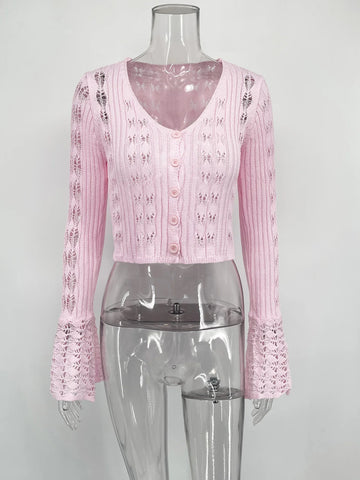 TARUXY Hol gebreide cardigan - Dames effen lange mouwen V-hals korte trui top