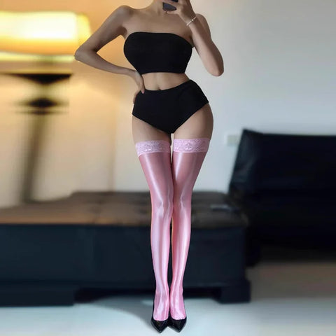 Women’s Shiny Thigh High Stockings with Lace Top and Anti-Slip Silicone