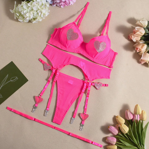 Neon Fancy Daring Lingerie Set with Heart Rhinestones - 3-Piece Mesh Erotic Underwear for Women
