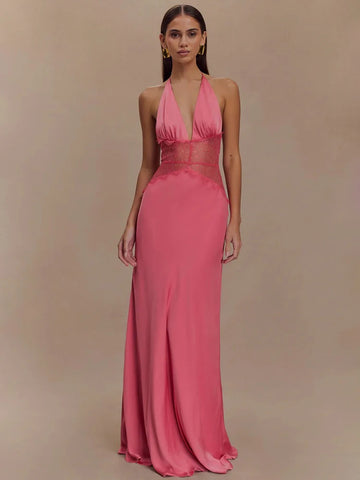 Mozision Zomer Sexy Maxi-jurk zonder rug voor dames - Elegante patchwork kanten halterjurk met diepe V-hals 