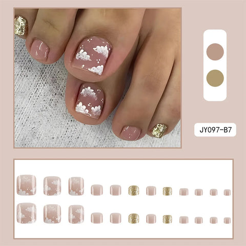 24 Pcs French Design Fake Toe Nail Press on Summer Nails