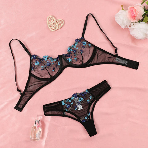 Elegant New Wine See-Through Lingerie Two-Piece Set with Thong and Push-Up Bra