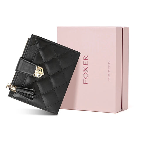 FOXER Dames Split Leather Portemonnee - Modieuze Geruite Rits Portemonnee