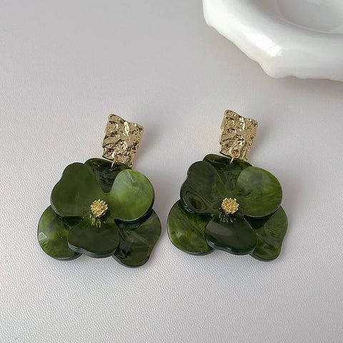 2025 Trendy Metal C-shaped Acrylic Flower Pendant Earrings for Women - Vintage Coffee Petal Jewelry