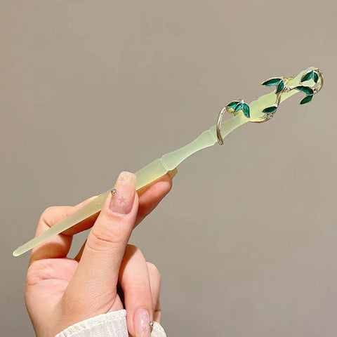 Vintage Imitation Jade Bamboo Leaf Hair Stick - Elegant Chinese Style Hairpin for Women