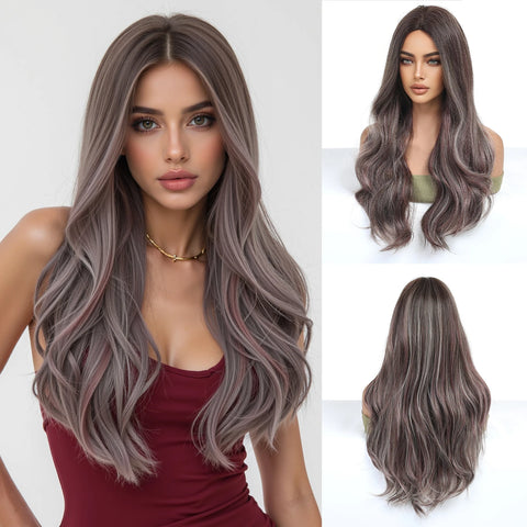 EASIHAIR Long Wavy Brown Synthetic Wigs for Women - Natural Curly Hair with Bangs for Daily Use and Cosplay