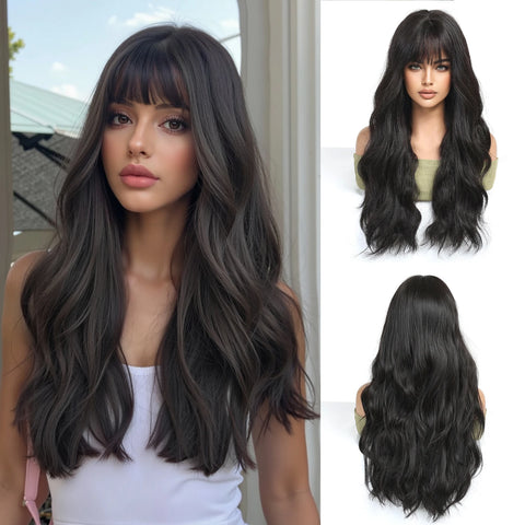 EASIHAIR Long Wavy Brown Synthetic Wigs for Women - Natural Curly Hair with Bangs for Daily Use and Cosplay