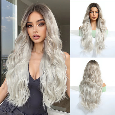 EASIHAIR Long Wavy Brown Synthetic Wigs for Women - Natural Curly Hair with Bangs for Daily Use and Cosplay