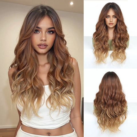 EASIHAIR Long Wavy Brown Synthetic Wigs for Women - Natural Curly Hair with Bangs for Daily Use and Cosplay