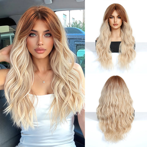 EASIHAIR Long Wavy Brown Synthetic Wigs for Women - Natural Curly Hair with Bangs for Daily Use and Cosplay