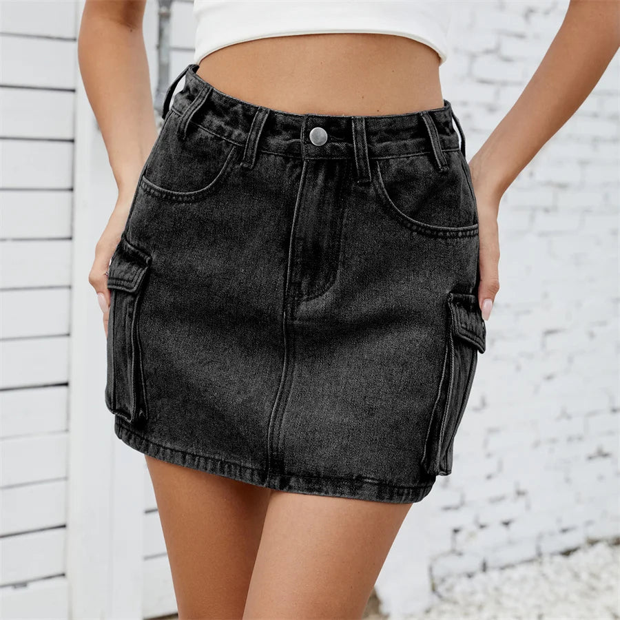 Benuynffy American Retro Multi-pocket Denim Skirt for Women – Summer High Waisted Slim Bodycon A-line Cargo Mini Skirts 2025