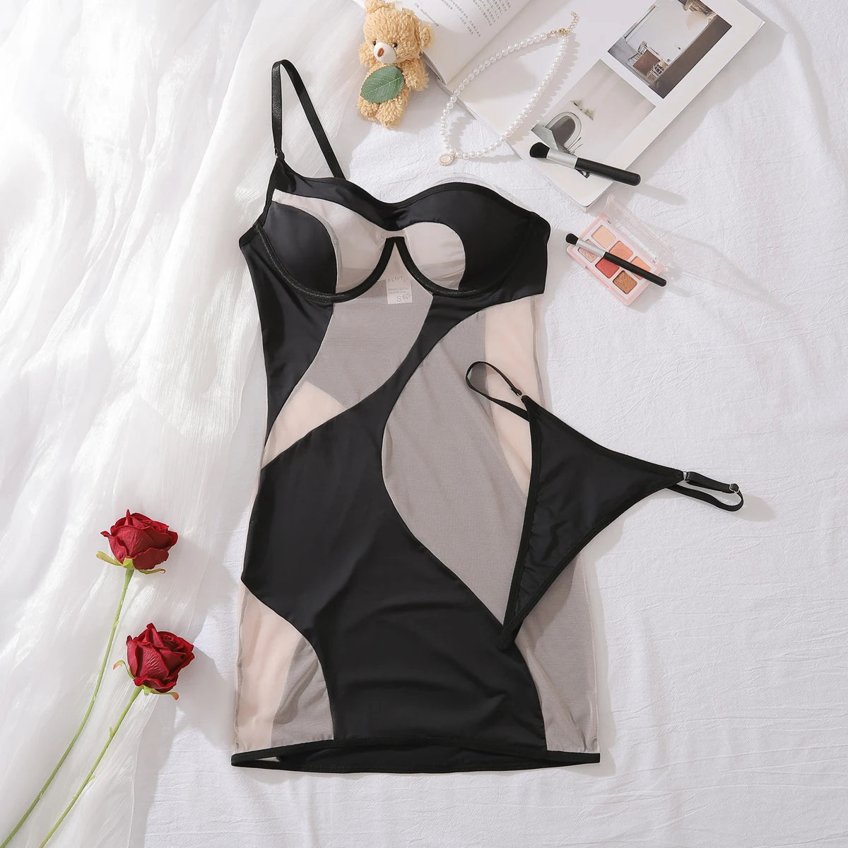 Sexy Summer Dresses 2025: See Through Irregular Splicing Short Black Dress with Single Shoulder Strap