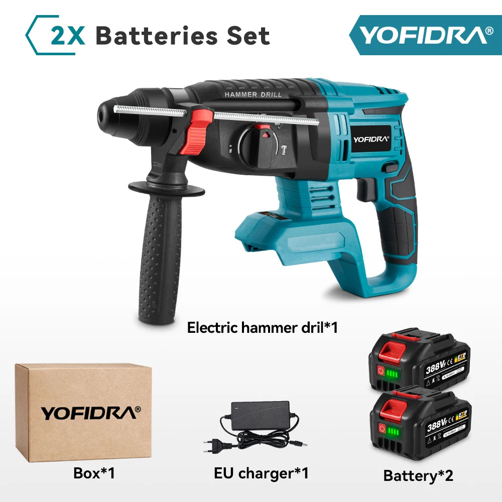 YOFIDRA 26mm Brushless Cordless Rotary Hammer – Multifunction Impact Drill for Makita Battery Pin